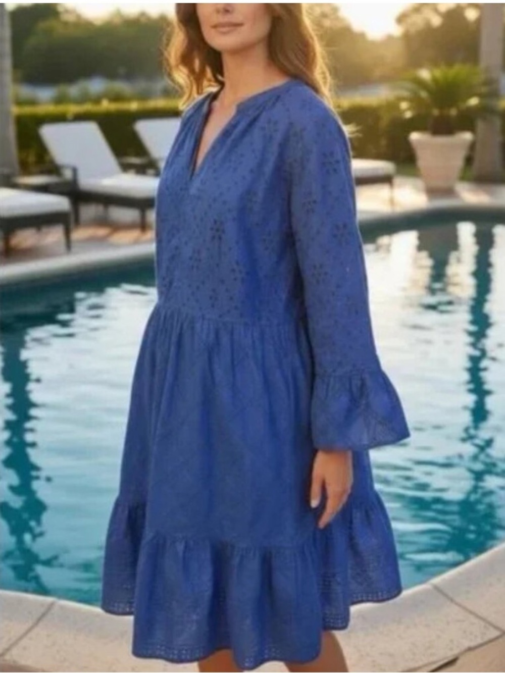 NWT J-JILL AMALFICOAS Tiered Royal Blue Eyelet Dress Textured Oversized Tunic XL